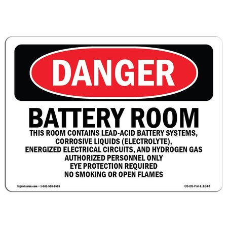 SIGNMISSION Safety Sign, OSHA Danger, 7" Height, 10" Width, Battery Room Authorized Personnel Only, Landscape OS-DS-D-710-L-1843